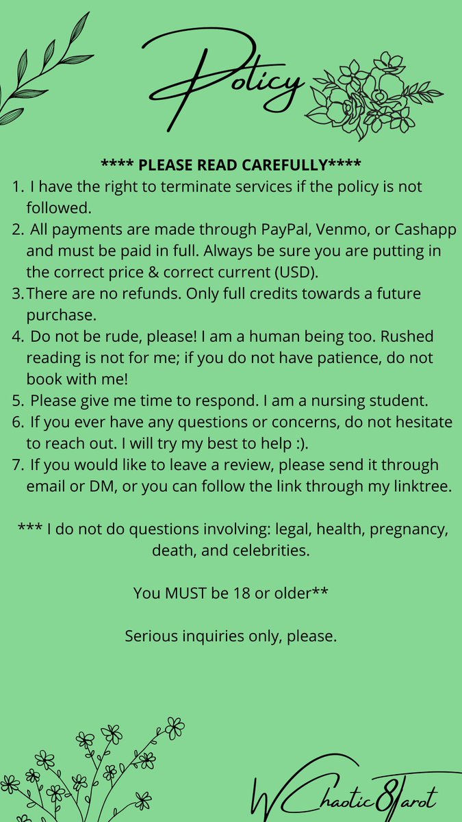 WChaotic8Tarot's tweet photo. Hello loves! 💚✨

Here is my new price list! I have added new readings, and updated my policy! 💚 If you would like to book a reading please DM me!💚
I also don't mind regulars at all! I just want to help, and serve! This is one of my passions! Much love x

Reviews are below!✨ https://t.co/EKESBHcJK4