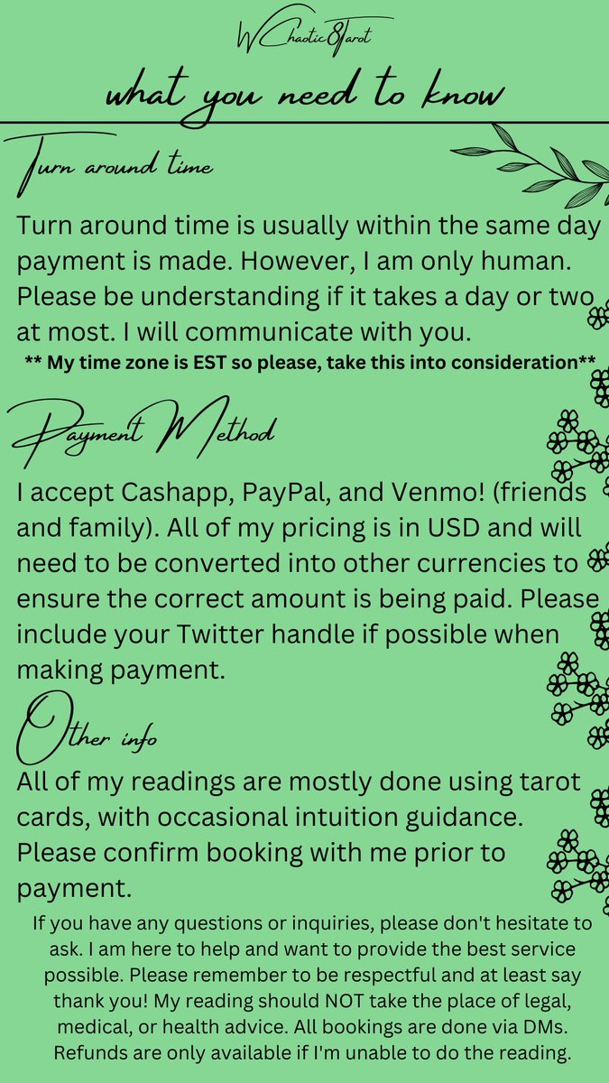 WChaotic8Tarot's tweet photo. Hello loves! 💚✨

Here is my new price list! I have added new readings, and updated my policy! 💚 If you would like to book a reading please DM me!💚
I also don't mind regulars at all! I just want to help, and serve! This is one of my passions! Much love x

Reviews are below!✨ https://t.co/EKESBHcJK4