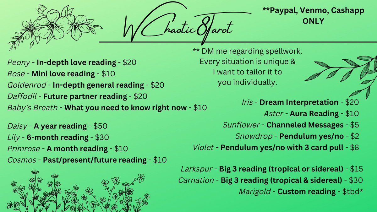WChaotic8Tarot's tweet photo. Hello loves! 💚✨

Here is my new price list! I have added new readings, and updated my policy! 💚 If you would like to book a reading please DM me!💚
I also don't mind regulars at all! I just want to help, and serve! This is one of my passions! Much love x

Reviews are below!✨ https://t.co/EKESBHcJK4