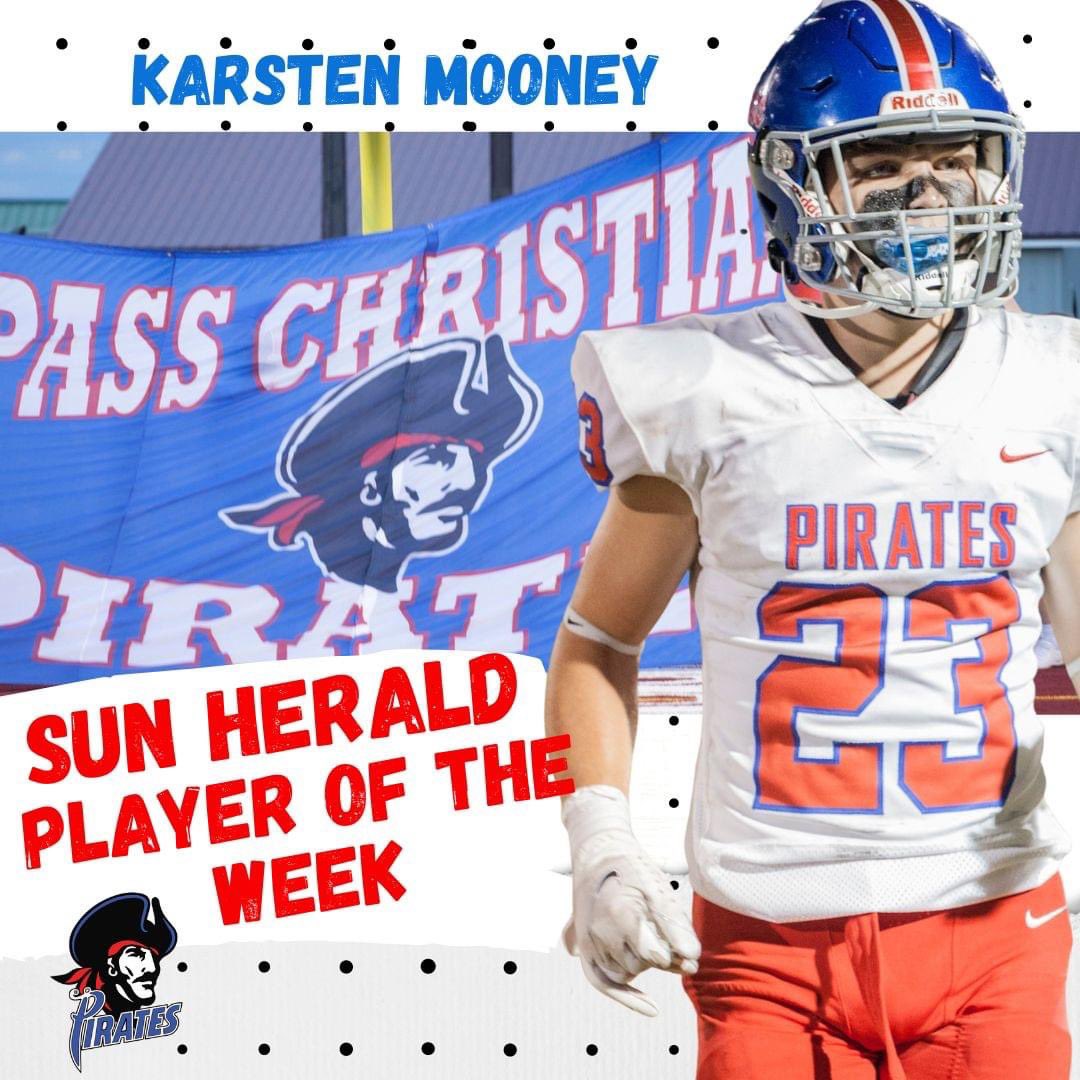 Congrats to our Sun Herald Player of the Week, Karsten Mooney! 11 tackles and four tackles for loss in the Pirates' 21-3 win over St. Stanislaus.