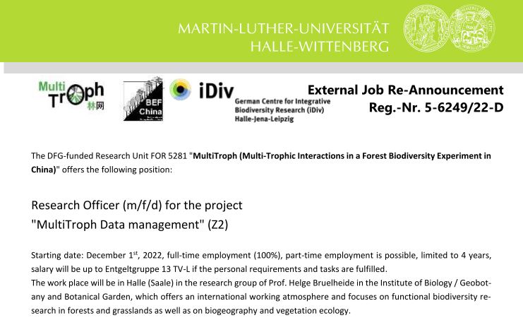 TreeDì (@treedi1) on Twitter photo ‼️JOB ALERT‼️
Research Officer (m/f/d) for the project "MultiTroph Data management" (Z2), @GeobotanyHalle, <a href="/UniHalle/">Universität Halle (inaktiv)</a> | Halle (Saale), Germany | Closing date: 15 October 2022
verwaltung.uni-halle.de/dezern3/Aussch… ‼️JOB ALERT‼️
Research Officer (m/f/d) for the project "MultiTroph Data management" (Z2), @GeobotanyHalle, <a href="/UniHalle/">Universität Halle (inaktiv)</a> | Halle (Saale), Germany | Closing date: 15 October 2022
verwaltung.uni-halle.de/dezern3/Aussch…