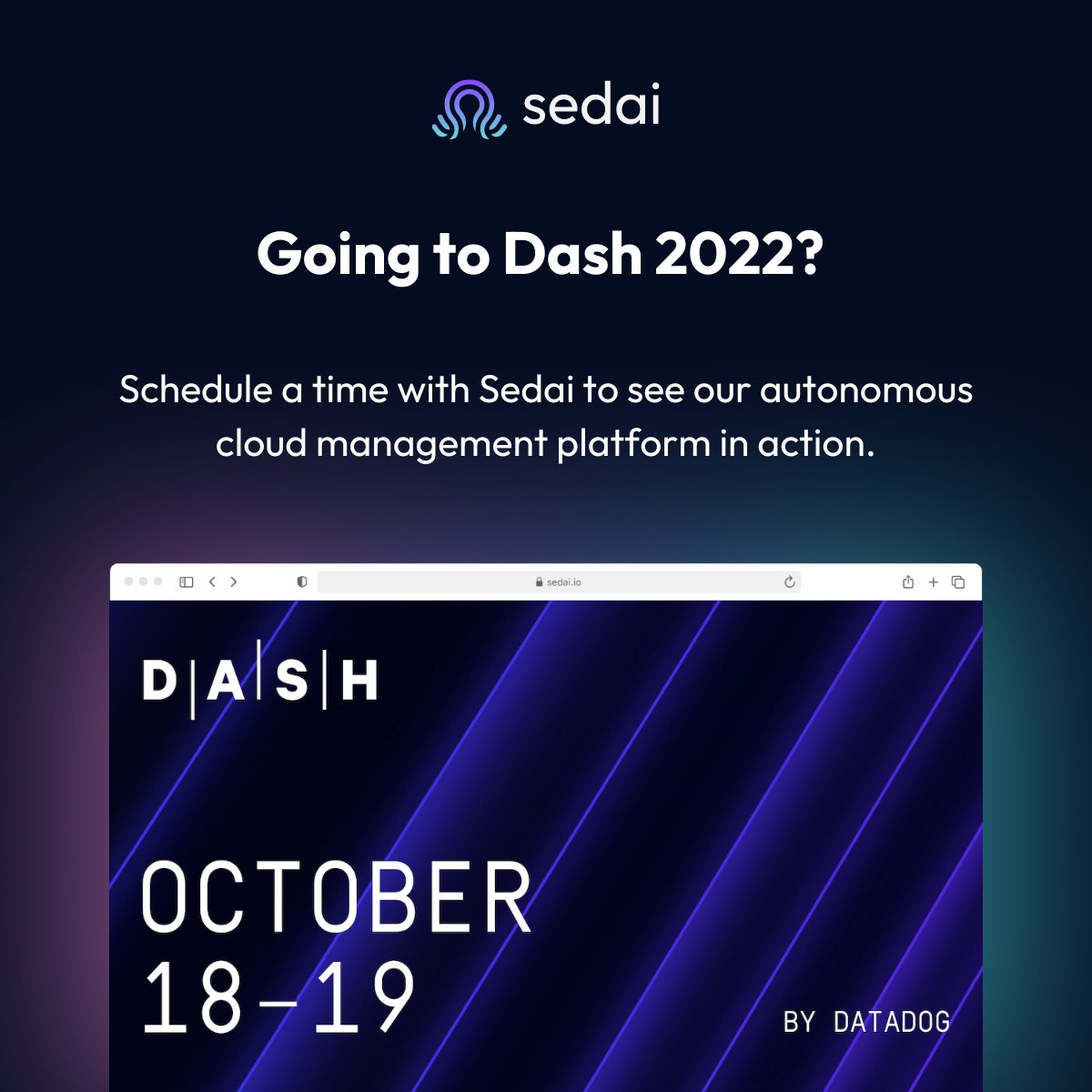 sedai_io's tweet photo. We're excited to be at #Datadog Dash 2022 in NYC, October 18-19! Join us to see our autonomous #cloud management platform in action with Datadog. Schedule a demo in advance to be entered into our daily raffle. https://t.co/Aqvk2nathf #dash2022 https://t.co/FCmL4dt2RM