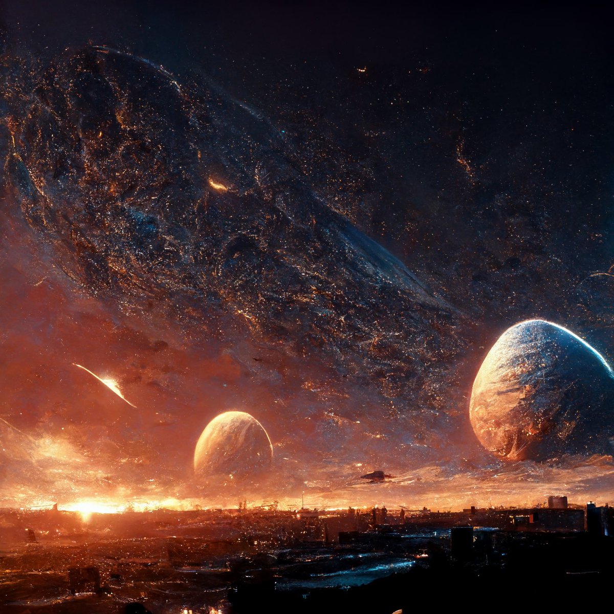 Gumartucci's tweet photo. @midjourney_ai is ridiculously cool.

Prompt: @staratlas planet going through a war between all 3 factions.
#WeAreStarAtlas https://t.co/3koYW2fJft