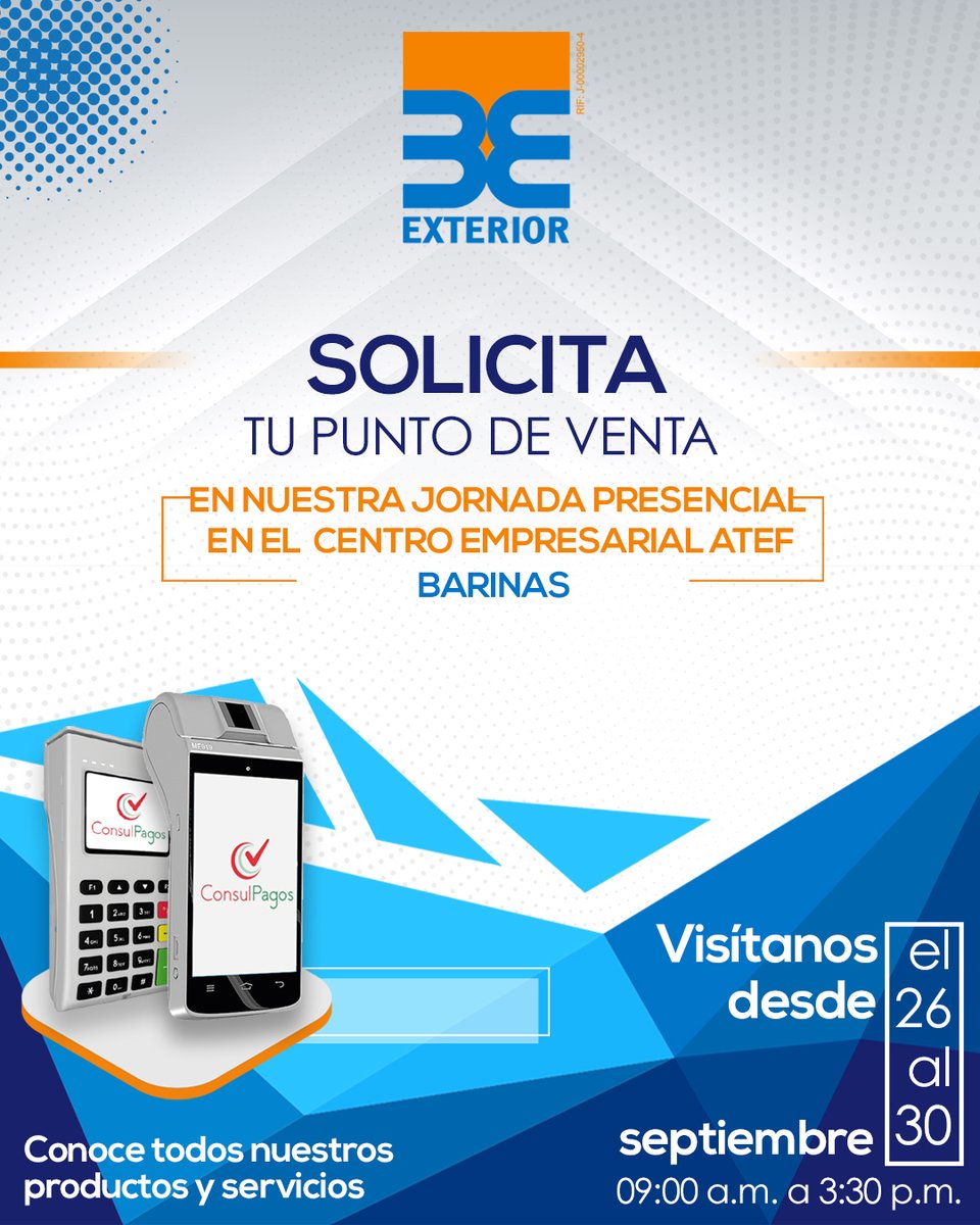BancoExterior's tweet photo. Solicita tu punto de venta en el Centro Empresarial ATEF, Barinas, contamos con facilidades de pago.
Acércate a nuestro stand desde el 26 al 30 de septiembre, de 10:00 a.m. a 5:00 p.m.
#BancoExterior #ConsulPagos #Negocios #PuntoDeVenta #Barinas #Venezuela https://t.co/M0AVNAH8Nw