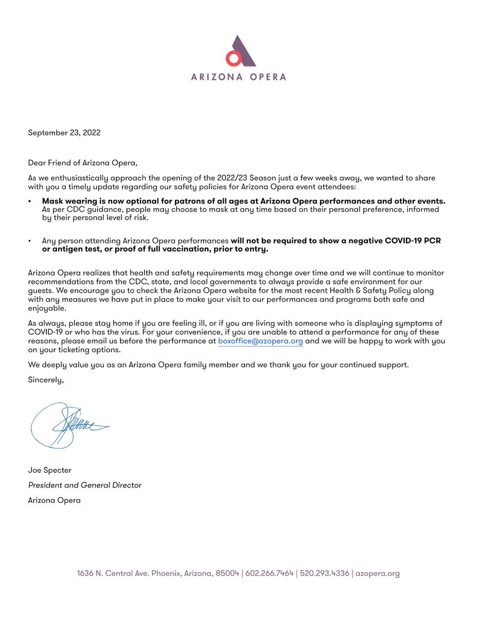 azopera's tweet photo. An update to our 2022/23 Season COVID-19 Health and Safety Policy.
#azopera https://t.co/b3Xo6CVFOV