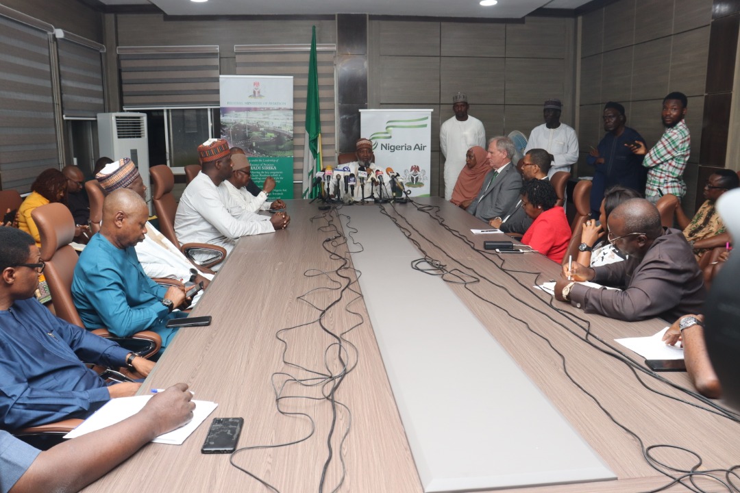 Minister of Aviation, Sen Hadi Sirika briefing reporters at a press conference in Abuja