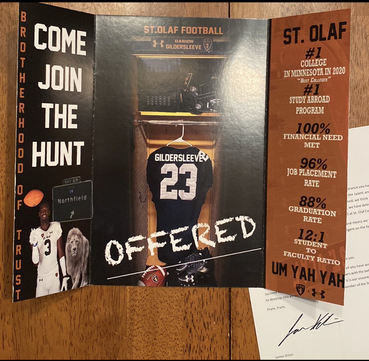 Blessed to receive my first offer from <a href="/StOlafFB/">St. Olaf Football</a> !!! I’d like to thank <a href="/Coach_MPaulson/">Matthew Paulson</a> and <a href="/JamesKilian/">James Kilian</a> #UmYahYah