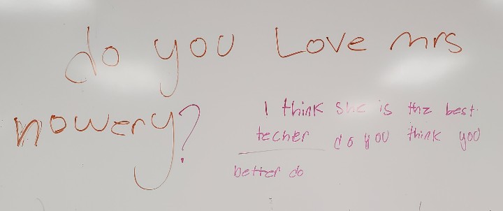 HoweryRockStars's tweet photo. This makes all the rough days worth it. 
We had indoor recess today and several students asked if they could write on the white board. They started by doing math problems and ended with this. ❤ https://t.co/xfikwEhLb4
