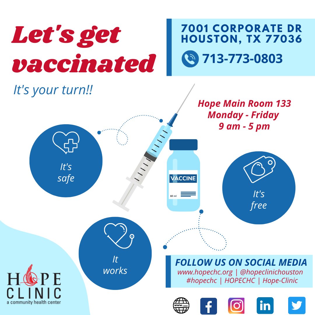 Let's get vaccinated! No appointment needed! Contact us at 713.773.0803 #vaccinated #covid-19