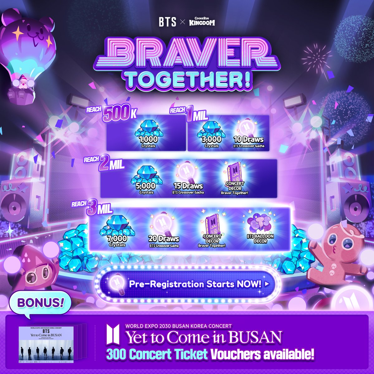CRKingdomEN's tweet image. #BTSInCRK
BTS's Concert will light up the Cookie Kingdom like dynamite! Pre-registration for tickets starts NOW!

🔗 BTSinCRK.com/en/ 

🎁3️⃣0️⃣0️⃣ lucky participants will win
BTS &amp;lt;Yet to Come&amp;gt; in BUSAN🎟concert ticket vouchers! Shiny in-game rewards are coming soon as well!