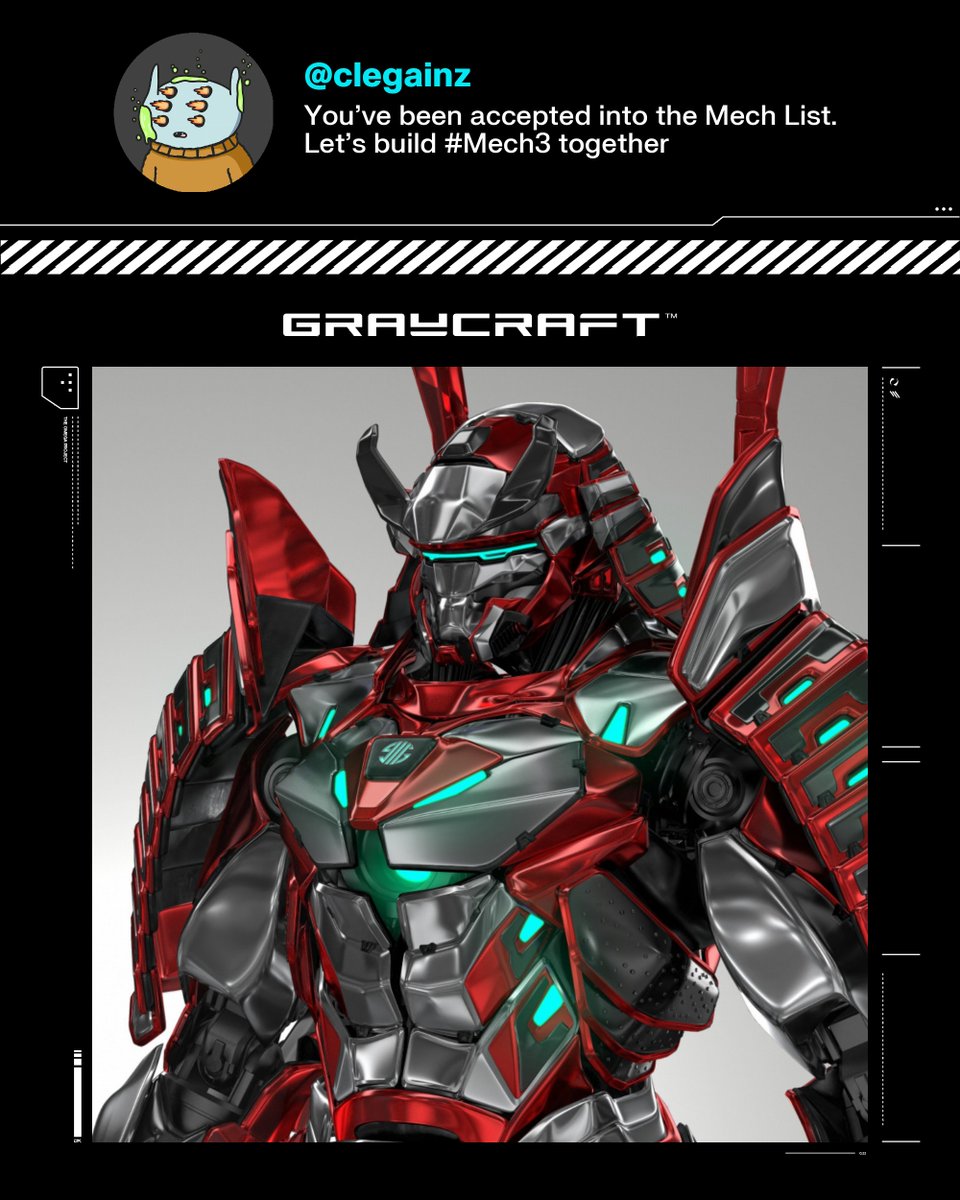 Congratulations clegainz! You've been accepted into the Mech List. We've given you powers to nominate valuable members into the GCU. Generate your referral code here: graycraft.com/mech-list/stat… Here's the Omega you chose for your first mission. Let's build Mech3 together.