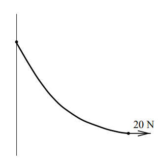 Is this solvable? 😀

One end of a rope is fixed to a vertical wall and the other end is pulled by a horizontal force of 20 N. The shape of the flexible rope is shown in the figure. Find its mass.