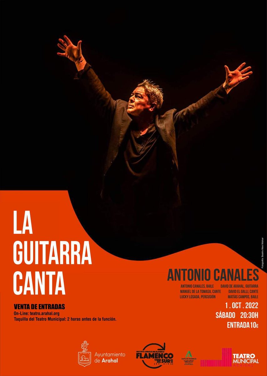 El bailaor sevillano Antonio Canales ofrece el espectáculo flamenco "LA GUITARRA CANTA".

📆 Sábado, 1 de octubre de 2022

🕣 A las 20:30 horas

📍 Teatro Municipal de Arahal

🎫 Entrada: 10€. A la venta en teatro.arahal.org/index.php?even… y en la Casa de la Cultura.