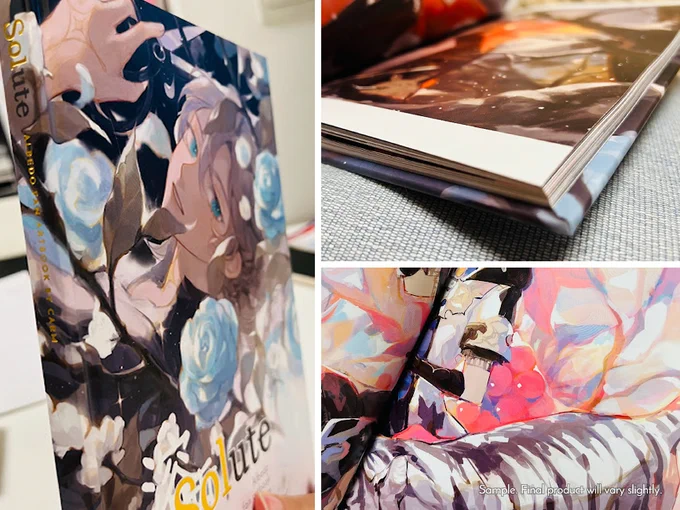 Some pictures of the sample. The final book can open completely flatly. The spine and cover have gold  