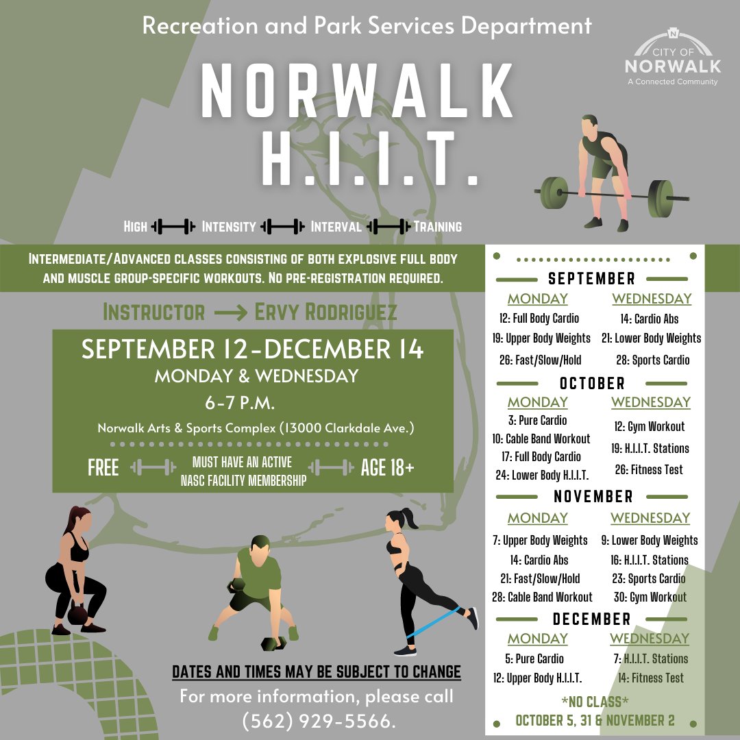 Keep fit with H.I.I.T this fall! You are guaranteed to get that blood pumping and heart rate elevated!  

This class is a NASC membership exclusive, so make sure you have yours today!

For more information, please call (562) 929-5566.
#norwalkca #connectedcommunity #2022betteryou