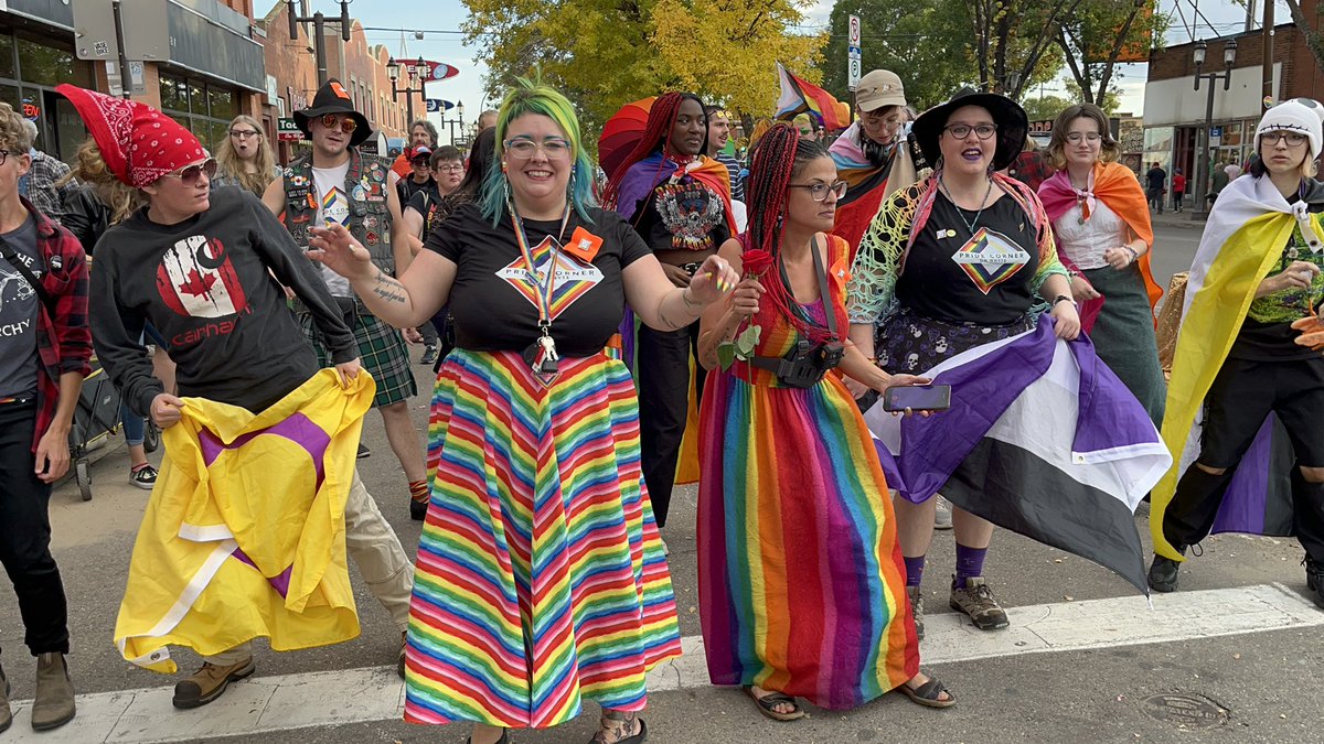 apaulagetics's tweet photo. Pride Corner was loud and proud tonight during the Come Together Rally against hate, homophobia, and transphobia. #yeg #whyteave #oldstrathcona #oldstrath https://t.co/SHqfLshVxK