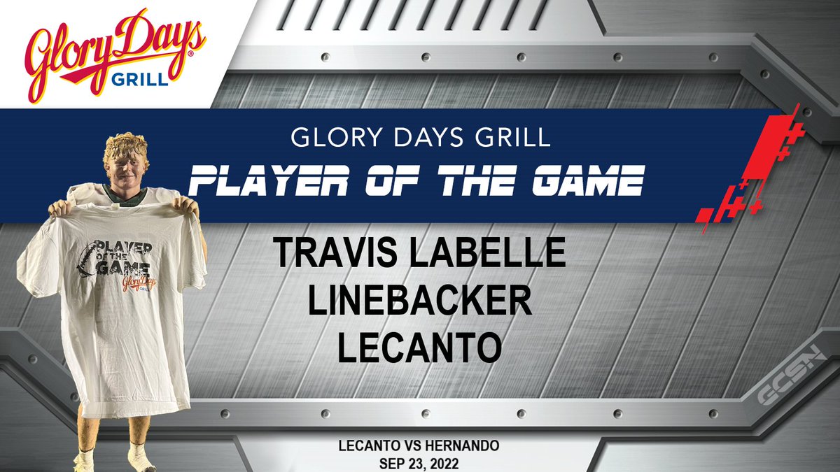 GulfCoastSportsNetwork (@gcsnbroadcasts) on Twitter photo Gulf Coast Sports Network would like to congratulate Travis LaBelle for being named the Glory Days Player of the Game on our Sep 23, 2022 broadcast! Full game replay available on our youtube channel! <a href="/LecantoF/">Lecanto Football</a> <a href="/ChopAlexander/">Coach Chop Alexander</a> <a href="/LHSPantherAth/">OneLecanto_News</a> <a href="/RoryMarchido/">Rory Marchido</a> <a href="/GloryDaysGrill/">Glory Days Grill</a> Gulf Coast Sports Network would like to congratulate Travis LaBelle for being named the Glory Days Player of the Game on our Sep 23, 2022 broadcast! Full game replay available on our youtube channel! <a href="/LecantoF/">Lecanto Football</a> <a href="/ChopAlexander/">Coach Chop Alexander</a> <a href="/LHSPantherAth/">OneLecanto_News</a> <a href="/RoryMarchido/">Rory Marchido</a> <a href="/GloryDaysGrill/">Glory Days Grill</a>