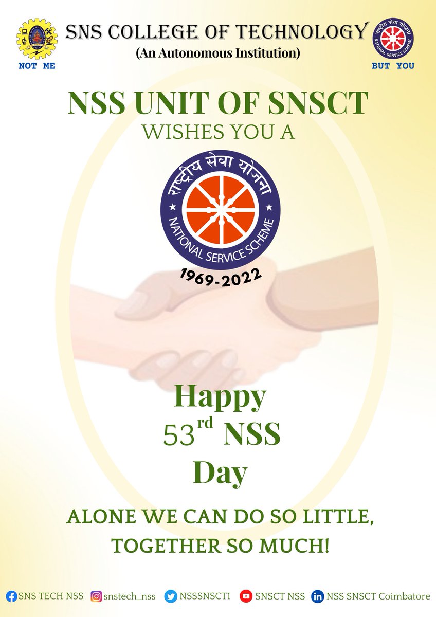 nsssnsct1's tweet photo. NSS unit of SNSCT wishes you all a very Happy 53rd "National Service Scheme Day".
The Motto of NSS "Not Me But You", reflects the essence of democratic living and upholds the need.
#snsinstitutions
#snsdesignthinkers
#snsct
#nssday #nssvolunter #sep24 #nss #notmebutyou https://t.co/aVojo68MPE