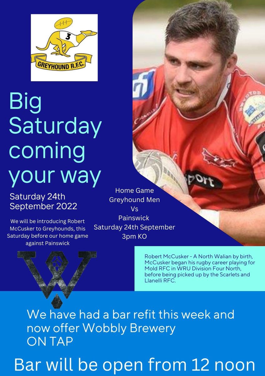 Today we welcome <a href="/PainswickRFC/">Painswick RFC</a> to the home of the Dogs,with the launch of  <a href="/WobblyBrewingCo/">The Wobbly Brewery, Taphouse & Events</a> beers in the Bar 
🆚<a href="/PainswickRFC/">Painswick RFC</a>
🏆Counties 4 Tribute Gloucestershire North 
🏟️City Sports Club HR49NG 
🕰️3pm
<a href="/GRFUrugby/">#GRFU</a> <a href="/TheDMLab/">The DM Lab</a> <a href="/WeAreVenturous/">Hereford Activities</a> <a href="/RFUSouthWest/">RFU - South West</a> <a href="/YourHereford1/">Your Herefordshire</a> #rugby
