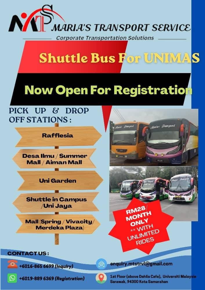 mppunimas's tweet photo. [SHUTTLE BUS MARIA'S TRANSPORT SERVICE DALAM KAMPUS DAN LUAR KAMPUS]

Shuttle Bus dijalankan oleh Maria's Transport Service dan inisiatif ini juga adalah berbayar sebanyak RM28.00 dalam tempoh sebulan. Terbuka kepada semua pelajar-pelajar UNIMAS. https://t.co/RVLeQhR5Kp