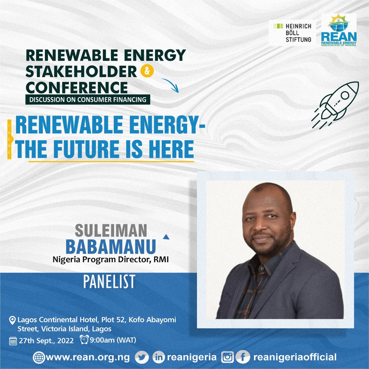 REANigeria's tweet photo. ⚡️We are excited to have @RockyMtnInst's Nigeria Program Director, Suleiman Babamanu, Dr. Patrick Tolani, & Olarewaju Daramola at our #RenewableEnergy Stakeholder Conference & Discussion on #ConsumerFinancing next week, 27 Sept. 2022
Register to attend➡️ https://t.co/j0Z1ftcBXL https://t.co/UYZjzsAaCb