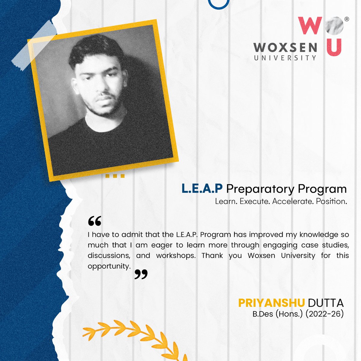 Woxsen's tweet image. Priyanshu Dutta -B.Des (Hons.) (2022-26) surely had a lot of fun during the LEAP Program, as he experienced a lot more than just learning. Take a look at what he has to say! 

#woxsen #woxsenuniversity #leap2022