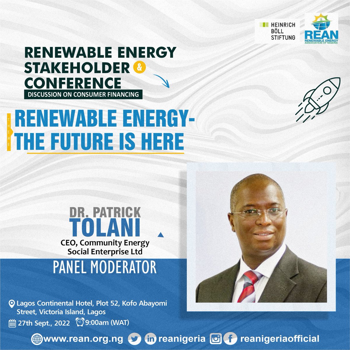 REANigeria's tweet photo. ⚡️We are excited to have @RockyMtnInst's Nigeria Program Director, Suleiman Babamanu, Dr. Patrick Tolani, & Olarewaju Daramola at our #RenewableEnergy Stakeholder Conference & Discussion on #ConsumerFinancing next week, 27 Sept. 2022
Register to attend➡️ https://t.co/j0Z1ftcBXL https://t.co/UYZjzsAaCb