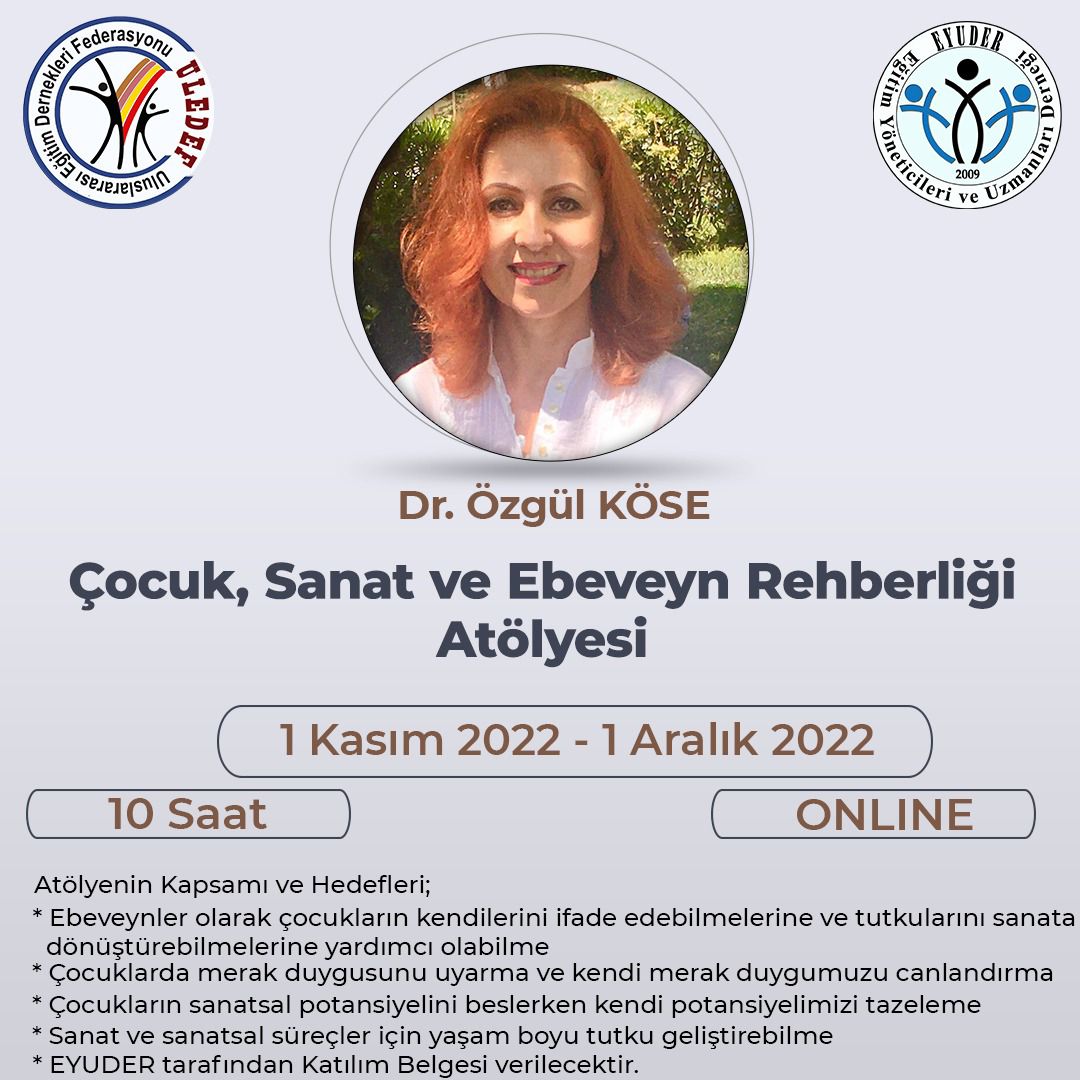1 Kasım - 1 Aralık tarihleri arasında düzenlenecek olan "Çocuk, Sanat ve Ebeveyn Rehberliği Atölyesi" çalışmasına katılmak için tıklayınız 👇

form.jotform.com/eyuder/cocuksa…