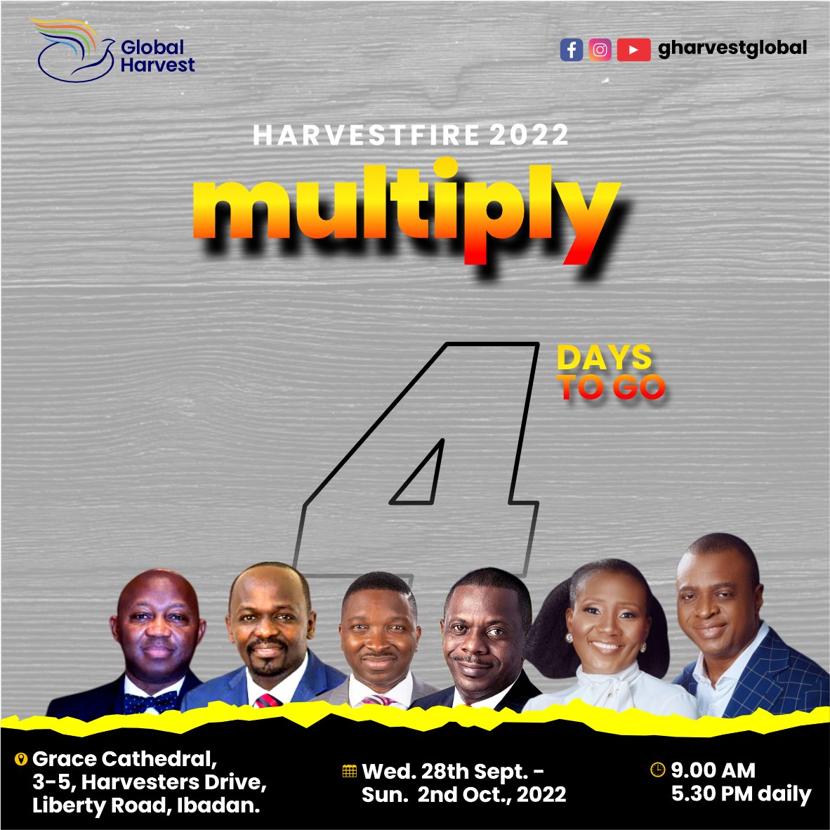 Revival is NOW!

Are you ready for what heaven has prepared for you? Then, make it a date with us from Wednesday 28th September to October 2nd, 2022 at the Grace Cathedral.

Ministering: Reverend Kay Ijisesan, Reverend Julian Kyula, Dr Albert Oduwole and Pastor Poju Oyemade.