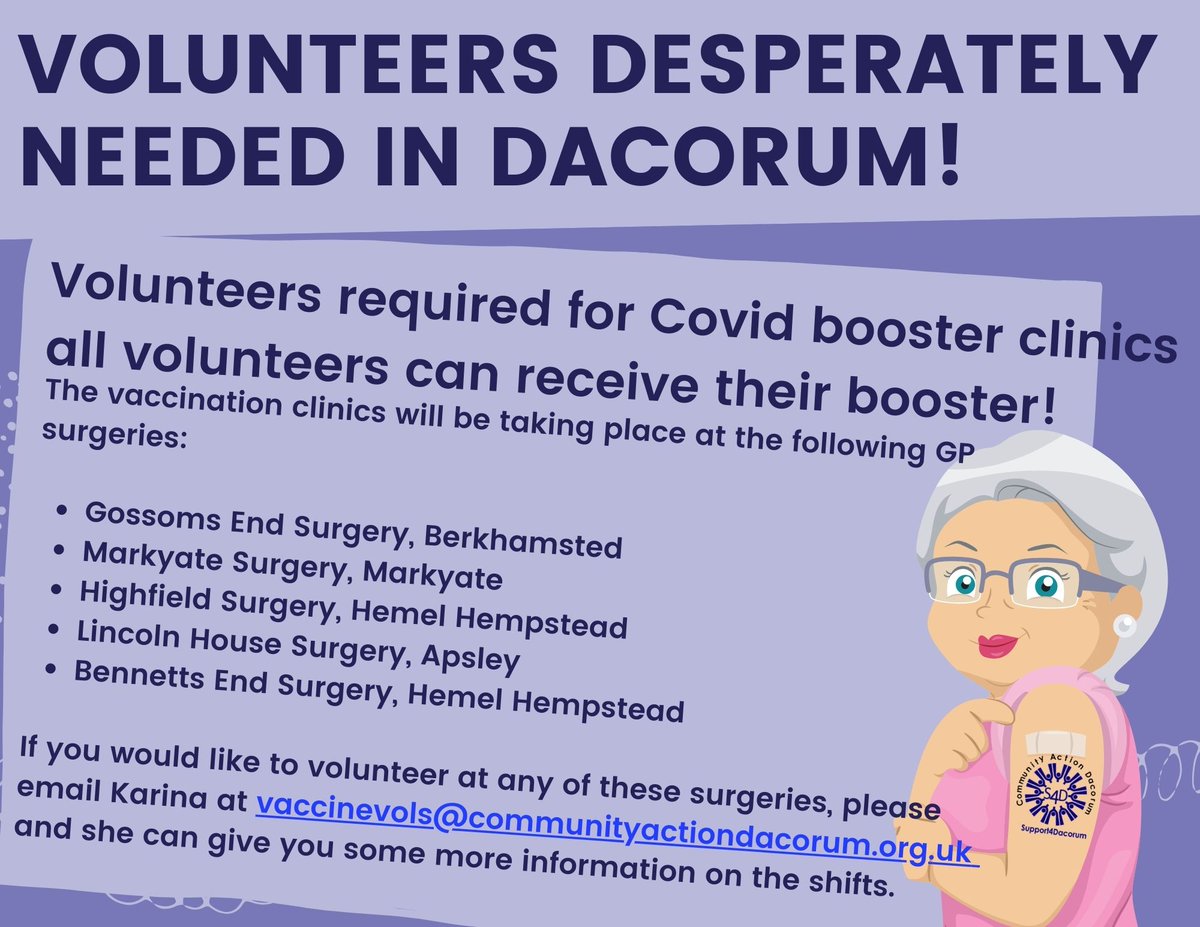 Volunteer Dacorum (@vcdacorum) on Twitter photo Volunteers required for Covid booster clinics - all volunteers can receive their booster!
If you would like to volunteer at any of these surgeries, please
email Karina at vaccinevols@communityactiondacorum.org.uk
and she can give you some more information on the shifts. Volunteers required for Covid booster clinics - all volunteers can receive their booster!
If you would like to volunteer at any of these surgeries, please
email Karina at vaccinevols@communityactiondacorum.org.uk
and she can give you some more information on the shifts.