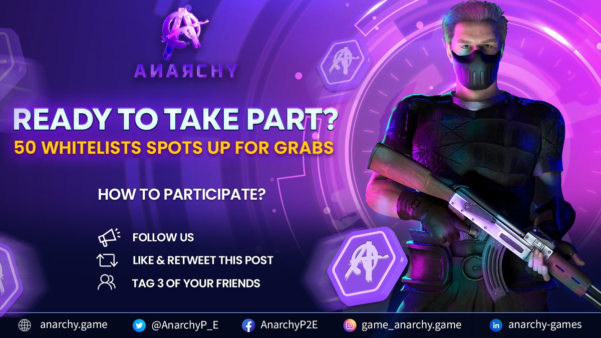 Ready to take part in #Giveaway 2 ? 

Prize : 50 OG Whitelist Spots up for grab.

How to participate?  

1. Follow us
2. Like &amp; Retweet this post
3. Tag 3 of your friends

Winners will be announced in 48 hours.

#Giveaways #WhitelistGiveaway #ANARCHY #NFTGaming #Web3 #Web3Games