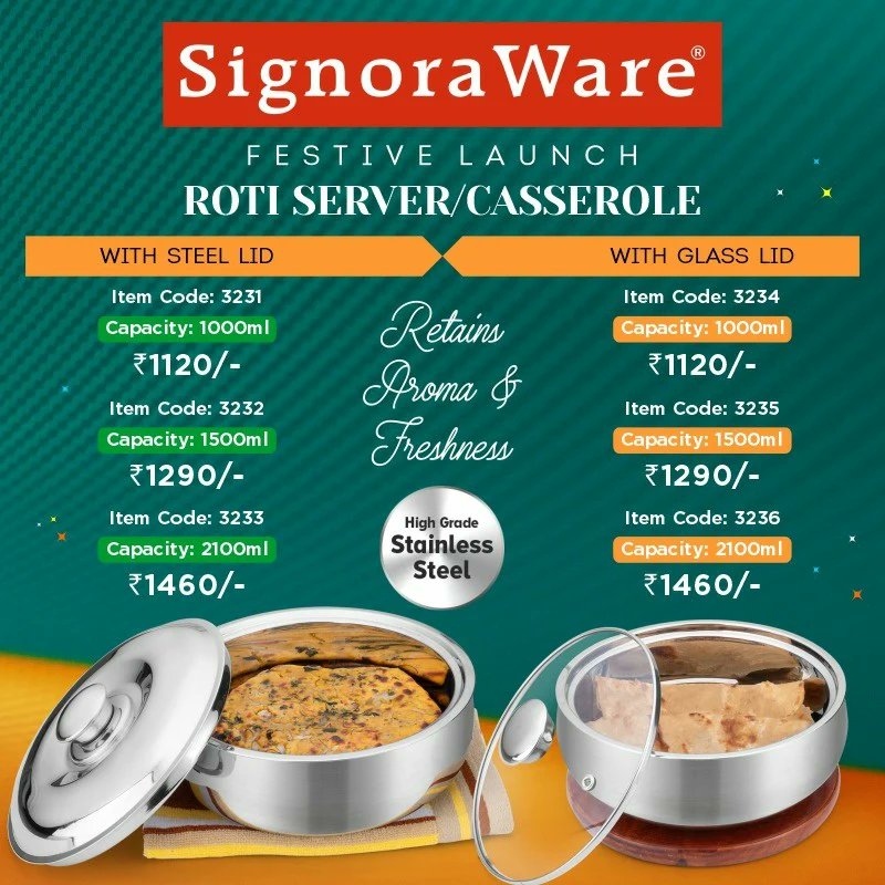 SignoraWare's tweet photo. The perfect gift for your friends and family this festive season

Roti Server/Casserole 

#signoraware #rotiserver #casserole #hotcasserole #coldcasserole #hotcase #food #steellid #glasslid #hotfood #homeutility #regularuse #stainlesssteel #steelcasserole #giftingseason https://t.co/WHYKcuDkWx