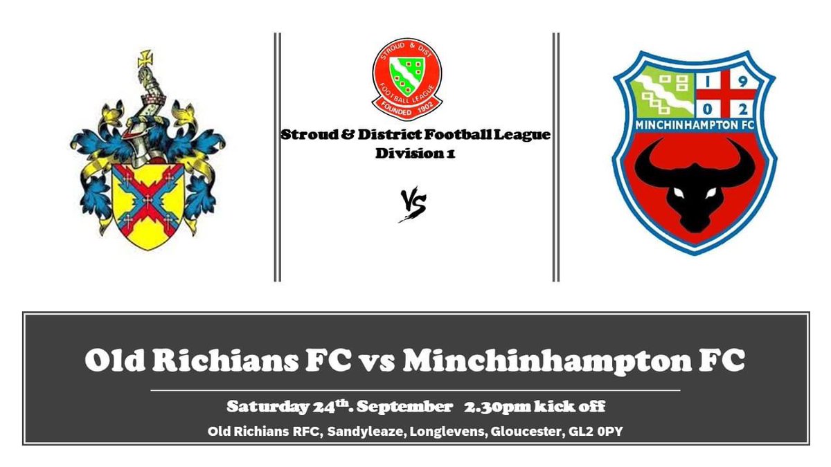 Minchinhampton FC (@fcminch) on Twitter photo MATCHDAY โฝ๏ธ
First Team|
๐ Saturday 24th September
๐<a href="/Oldrichiansafc/">Old Richians AFC</a>
๐<a href="/Stroud_League/">Stroud & District Football League</a> Division 1
๐Old Richians RFC, sandyleaze, longlevens, Gloucester, GL2 0PY
โฐ 14:30 KO
#UTM MATCHDAY โฝ๏ธ
First Team|
๐ Saturday 24th September
๐<a href="/Oldrichiansafc/">Old Richians AFC</a>
๐<a href="/Stroud_League/">Stroud & District Football League</a> Division 1
๐Old Richians RFC, sandyleaze, longlevens, Gloucester, GL2 0PY
โฐ 14:30 KO
#UTM