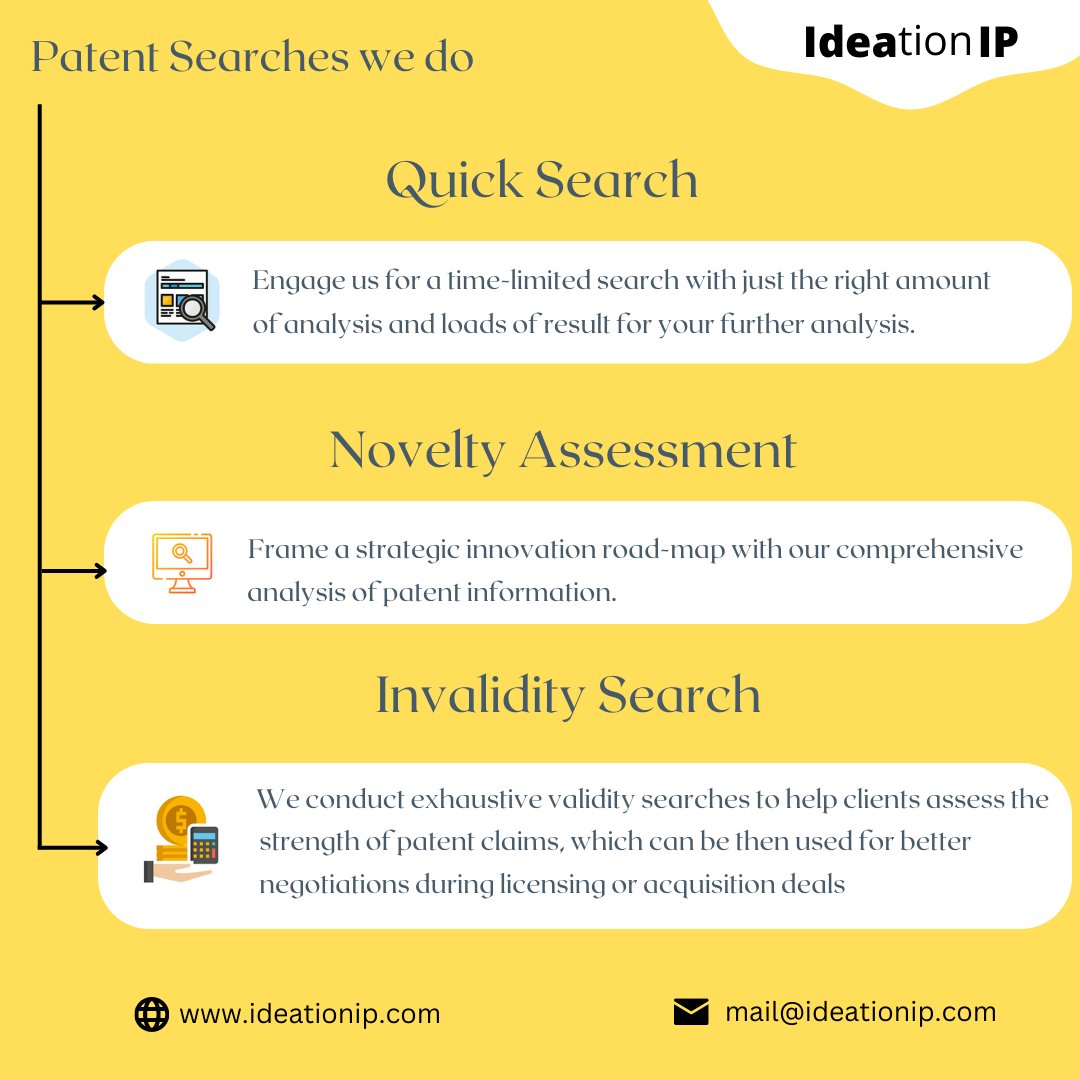 IdeationI's tweet photo. Patent Searches we do!!!!

.

.

- Quick Search

- Novelty Assessment

- Invalidity Search
Book free consultation now!!
https://t.co/9Quw2sAHpx
#ideationip #patent #patentlaw #patentattorney #patentlitigation #patentprosecution #patentsearch #quicksearch #noveltyassessment https://t.co/TudGLdJz8a