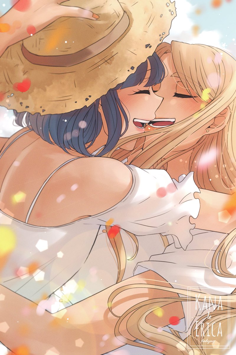 multiple girls 2girls yuri hat closed eyes blonde hair straw hat  illustration images