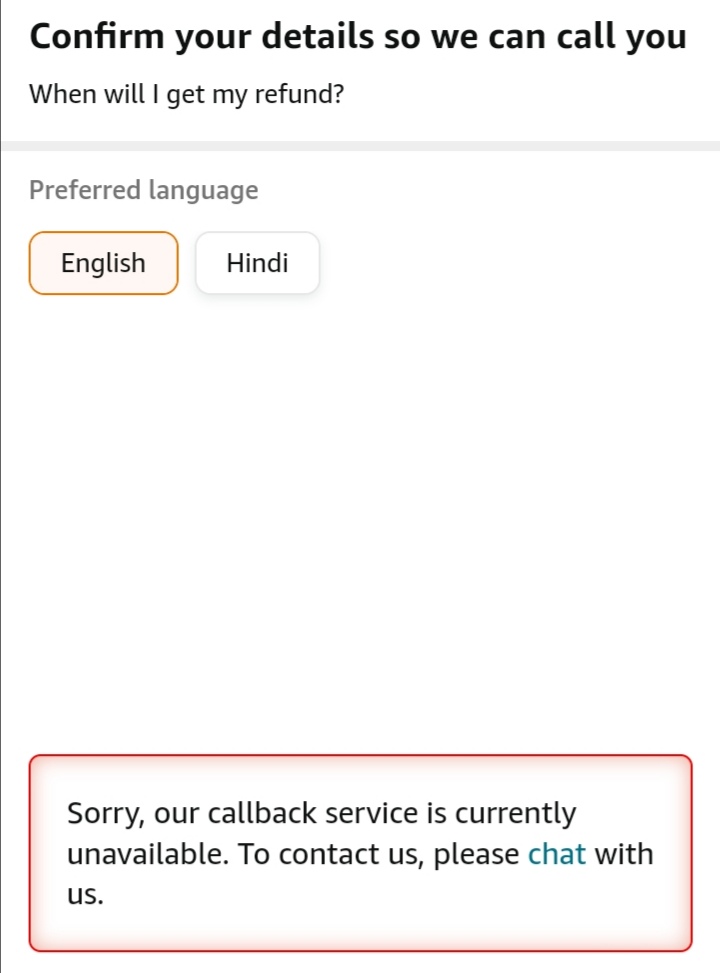amvasist's tweet photo. @amazonIN, returned the product nearly 2 weeks ago. Yet to receive the refund. Whenever I try to place a call/chat, getting the attached error message. Also there is no email address to reach your customer care team. Huge firewall in reaching you people. 
#poorcustomerservice https://t.co/3ImWjmuSAR