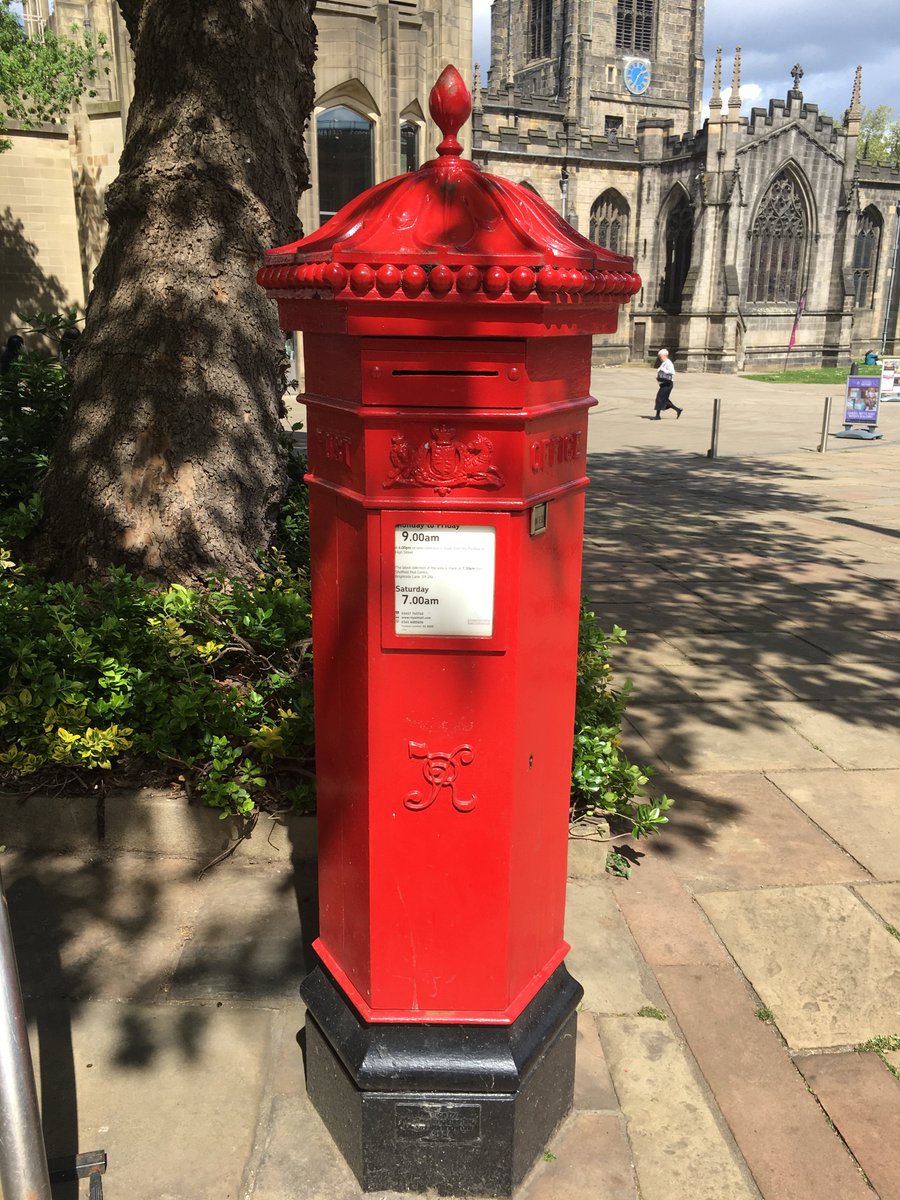 Hexagonal 1870s VR posting box with ornate bobbly cap outside Sheffield Cathedral #postboxsaturday #Sheffield