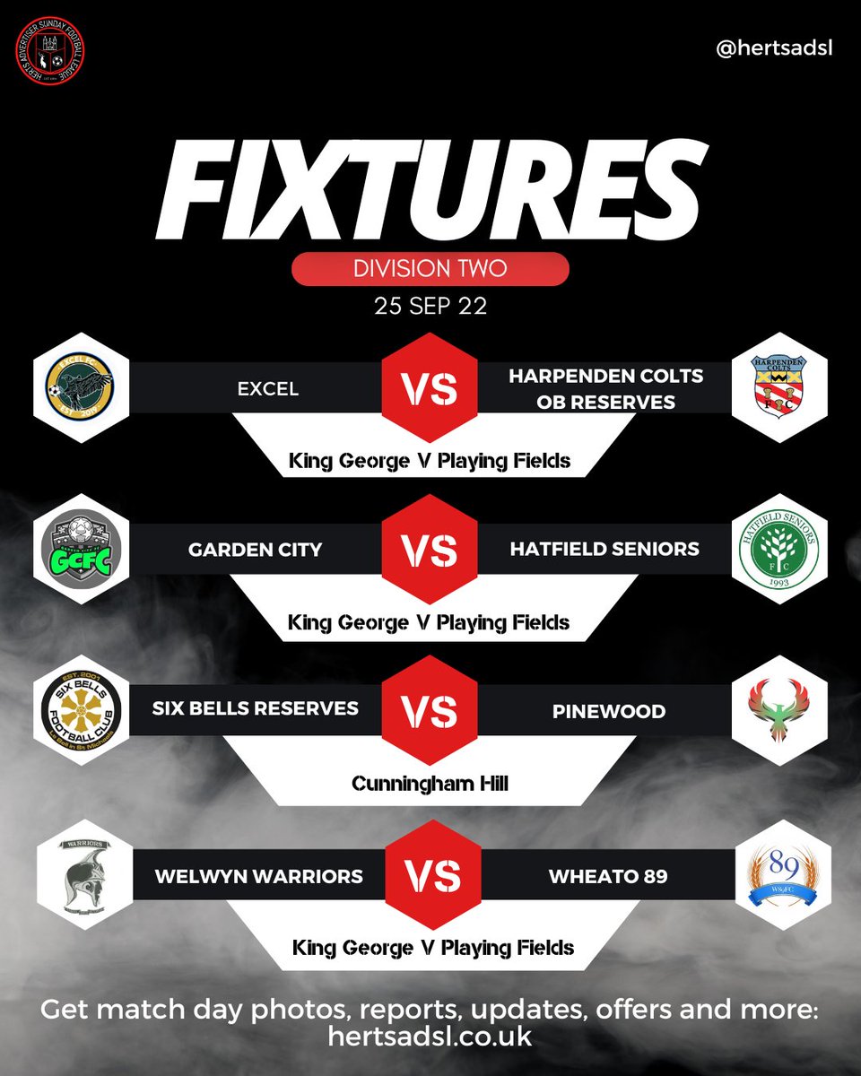 Hertfordshire 1961 Sunday Football League (@herts1961sfl) on Twitter photo β½οΈ Here are your @hertsadsl Division Two fixtures for Sunday 25 September 2022:
π <a href="/FC_Excel/">Excel Football Club</a> vs HCOB
π @GardenCityFC1 vs @hatfield
π <a href="/fcbells6/">Six Bells FC</a> reserves vs <a href="/PinewoodFC__/">Pinewood FC</a>
π <a href="/welwynwarriors/">Welwyn Lacrosse Club</a> vs <a href="/Wheato89FC/">Wheathampstead 89 FC</a>
Get more at: hertsadsl.co.uk β½οΈ Here are your @hertsadsl Division Two fixtures for Sunday 25 September 2022:
π <a href="/FC_Excel/">Excel Football Club</a> vs HCOB
π @GardenCityFC1 vs @hatfield
π <a href="/fcbells6/">Six Bells FC</a> reserves vs <a href="/PinewoodFC__/">Pinewood FC</a>
π <a href="/welwynwarriors/">Welwyn Lacrosse Club</a> vs <a href="/Wheato89FC/">Wheathampstead 89 FC</a>
Get more at: hertsadsl.co.uk