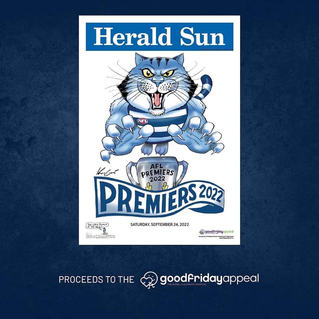 ubcvic's tweet photo. Congratulations to Geelong, 2022 AFL Premiers! 

Buy your official commemorative poster from our volunteers at the ground or online at https://t.co/hwP8VMdC5i

All proceeds support the work of the @GoodFriAppeal at @RCHMelbourne

 #ubcvic #ubcgfa #ubcfootyposters https://t.co/WxKxQkj2dc