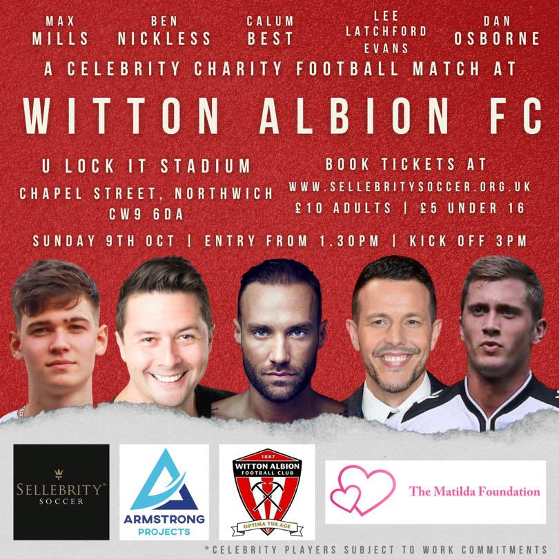 📆 Sunday 9th October 2022
📍Witton Albion FC (Northwich) 

We are pleased to announce Hollyoaks star <a href="/ashoztd/">Ashley Taylor Dawson</a> has been added to the the teams for our huge celebrity match at <a href="/WittonAlbion/">Witton Albion Football Club</a> Raising funds for @thematildafoundation 

Tickets 🎫 👉 sellebritysoccer.org.uk