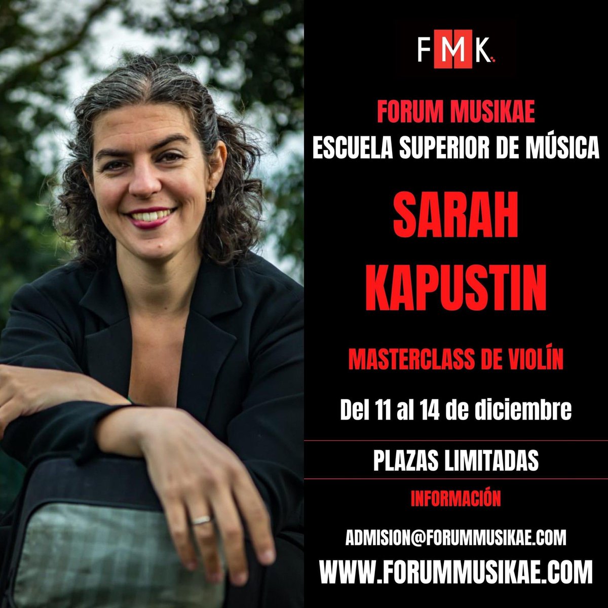 ForumMusikae's tweet photo. La genial Sarah Kapustin, violinista y profesora en Amsterdam, Zwolle y Groningen, impartirá clases magistrales del 11 al 14 de diciembre en #ForumMusikae . 😀🎻
Plazas limitadas para alumnos externos.
Inscripciones e información ⬇
https://t.co/66IKLofyLU
#masterclassviolin https://t.co/sLm9m8VFvd