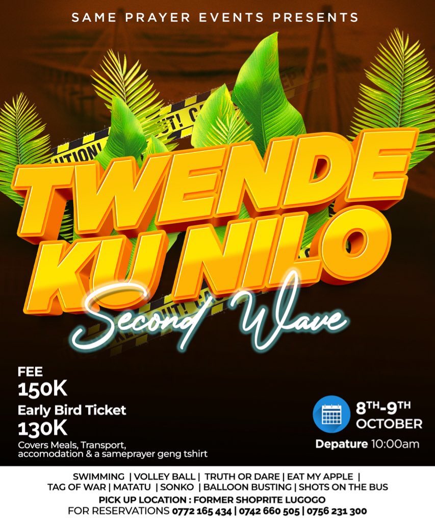 Sameprayer's tweet photo. Uganda @ 60 ku Niloo
We are here to your party and vibe with you on Independence Day 
Venue Nile Discovery Njeru 
At only 150k for 2days and one Night 
Accommodation Cottages transport and meals💯🤝💪🏿
#Sameprayer🙏🏿
#TwendeKuNilo💯💯 https://t.co/e8vsBrnyXz