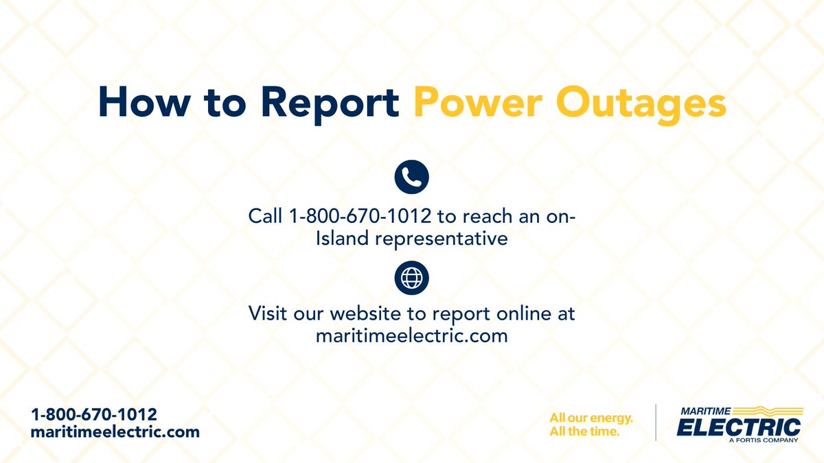 Our Contact Centre will be open 24/7 for the duration of the storm. The best way to report an outage is to call us at 1-800-670-1012 or visit maritimeelectric.com. Here is how you can be further prepared (Thread 🧵):