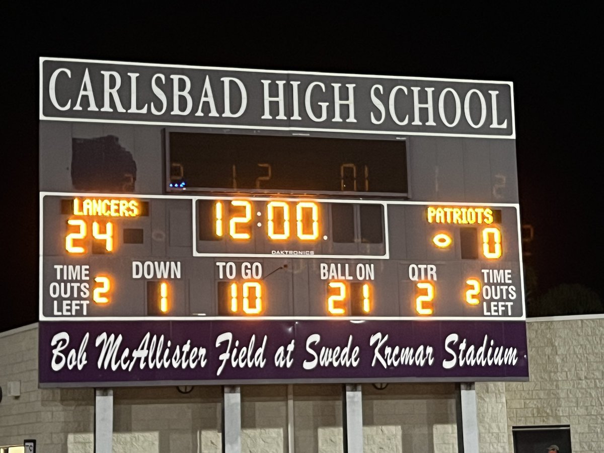 TheLancerLink's tweet photo. End of the first half Lancers lead Liberty Bakersfield 24-0. #carlsbadhighschool #carlsbadfootball #loudcrowd https://t.co/TxIJvVoCOE