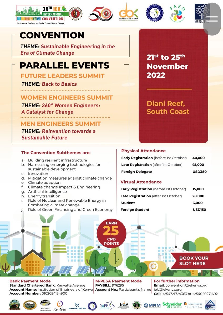 TheIEK's tweet photo. The biggest event on our calendar is finally here! The 29th IEK Annual International  Convention will be held at the Diani Reef Resort from the 21st to 25th November 2022. Our theme for this year is: Sustainable Engineering in the era of Climate Change.
https://t.co/VItNGHbStJ https://t.co/uZz5Fp14Sl
