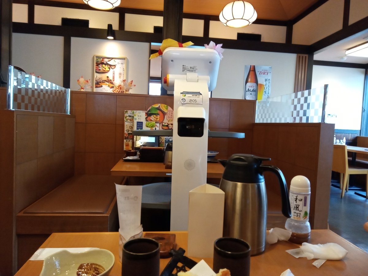 This tray bot inexplicably stopped at our table and has been staring at us with it's cold dead camera eye while we eat.