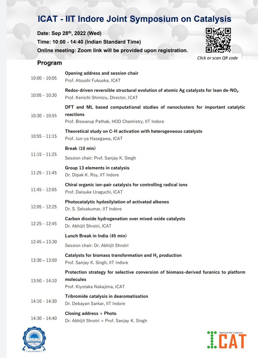 SKSinghGroup's tweet photo. IIT Indore, India and the Institute for Catalysis (ICAT), Hokkaido University, Japan are jointly organising the "ICAT- IIT Indore Joint Symposium on Catalysis" on Sep. 28, 2022.
@IITIOfficial @ICAT_Hokudai @Abhijit_Shrotri @sirc_iitindore @Fukuoka_Atsushi https://t.co/LXehHJz9Vs