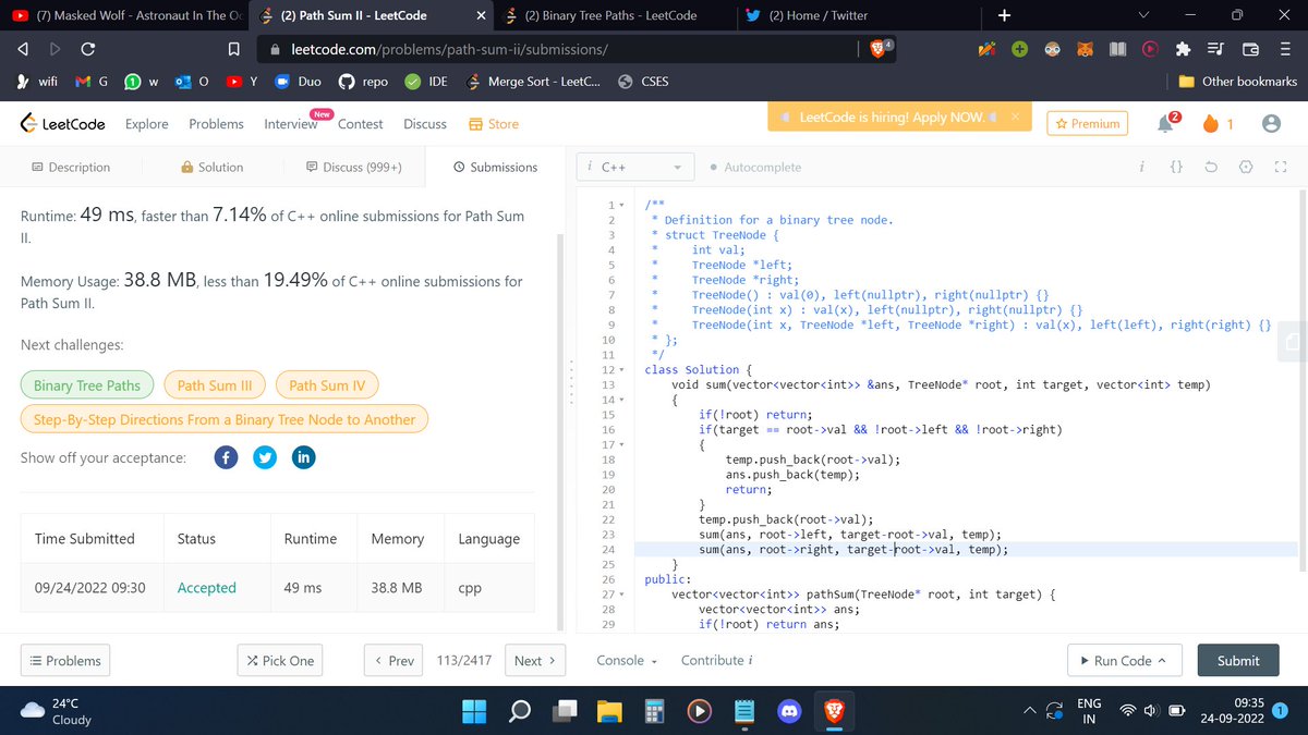 SumrenderS's tweet photo. Day 86 of 100 Days of Code
@CodeinCommunity @MinutesCoding
Q. Path Sum II
Code: https://t.co/FxvG9A7wsJ
Discord community: https://t.co/MMcOpdlIX2
#100daysofcodechallenge #codeincommunity #codein100daysofcode #s100daysofcode #coding https://t.co/9Wvieysciz