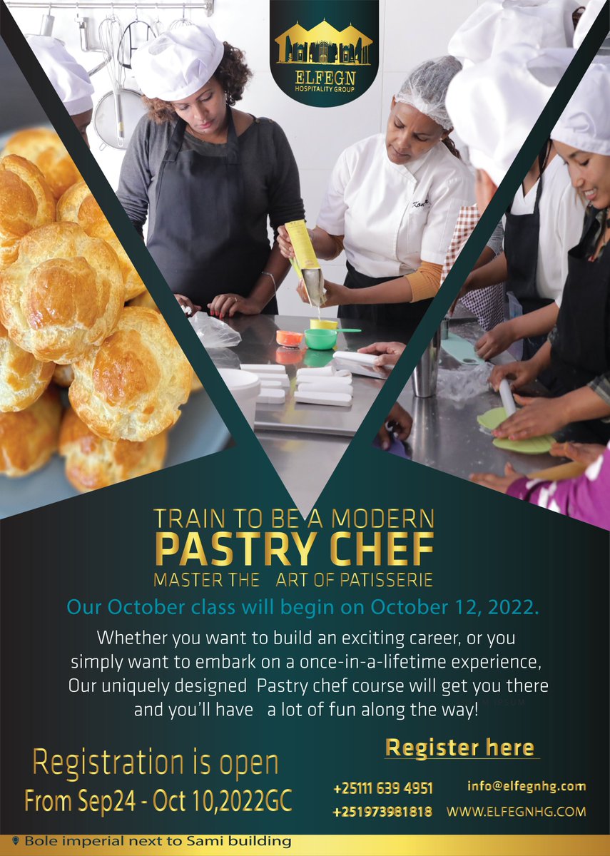 ElfegnG's tweet photo. Whether you want to build an exciting career, or you simply want to embark on a once-in-a-lifetime experience, our uniquely designed pastry chef course will get you there, and you’ll have a lot of fun along the way!
Register, 
☎️ +25111 639 4951
📱 +251 97 398 1818 https://t.co/FZkZPMMSU6