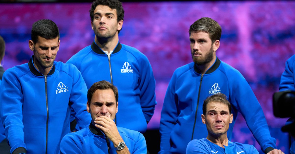 Reuters's tweet photo. Part of me leaves with Federer, says emotional Nadal https://t.co/dwSpjbaKek https://t.co/pH2b2P1GqY